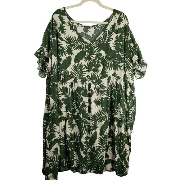 BloomChic Size 22 Ruffle Sleeve Midi Dress Green Tropical Palm Print Beach - Picture 1 of 9